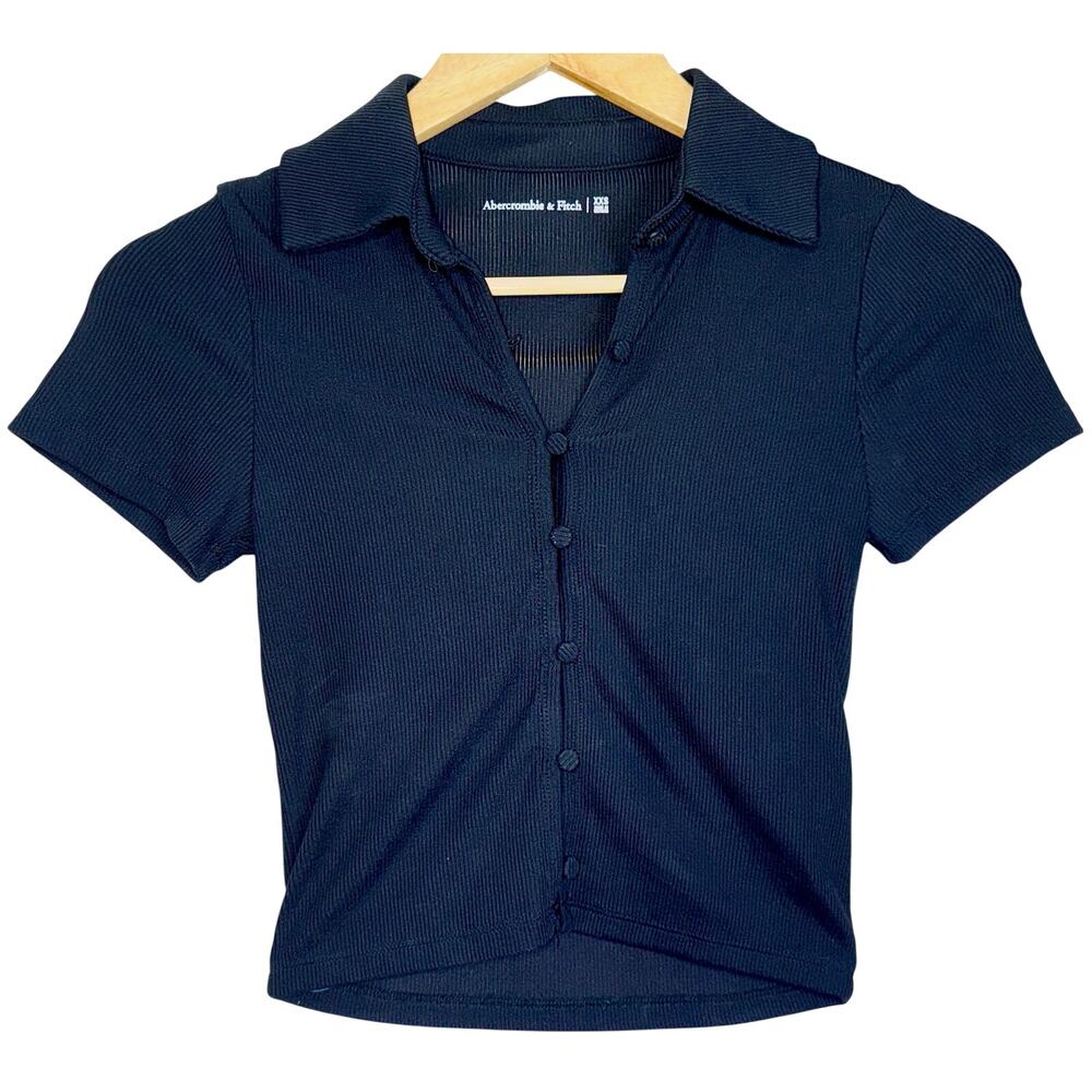 Abercrombie & Fitch Black Ribbed Knit Collared Crop Top Cropped Blouse Size XXS